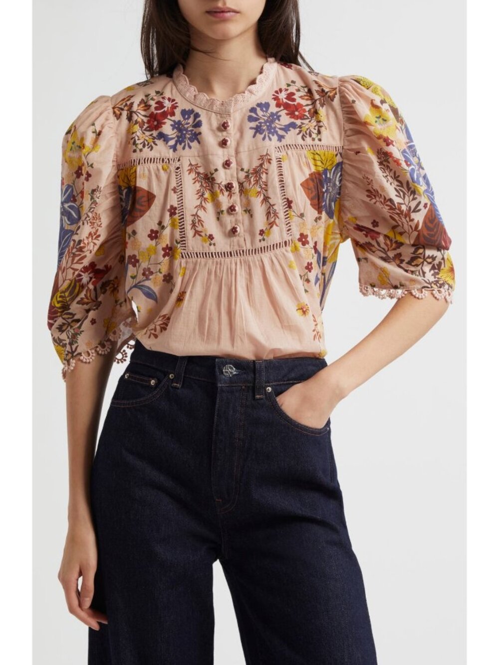 FARM Rio Floral Blouse with Lace Trim, Size S